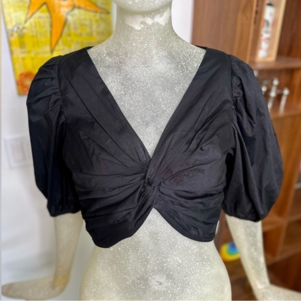 NWT JASON WU plunge Twist Black Crop Top puff sleeves side zip R$192 Size Small